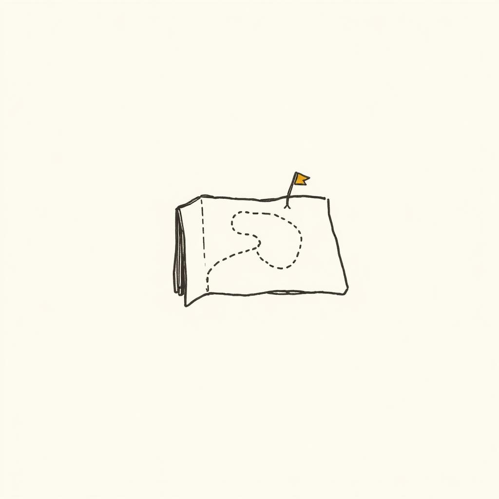 Folded paper travel map with a dashed route and pinned flag on cream