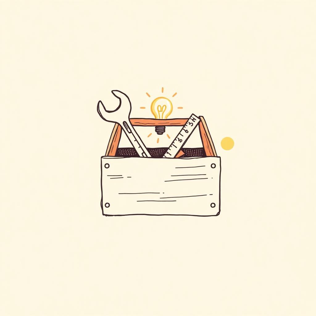Hand-drawn toolbox with wrench, ruler and lightbulb on cream